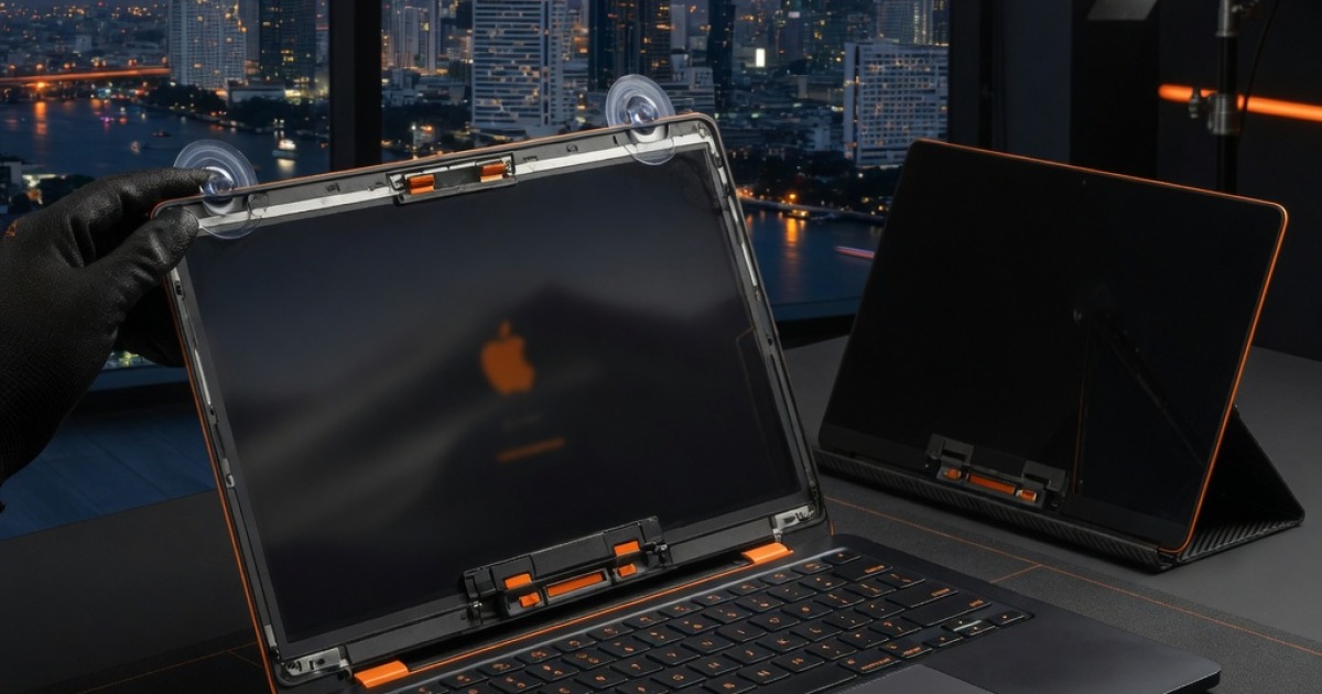 เปลี่ยนจอ MacBook 2569 วิเคราะห์ปัจจัยใหม่จากพฤติกรรมชาร์จไร้สายในกรุงเทพที่เร่งอาการจอเสียยุค M4