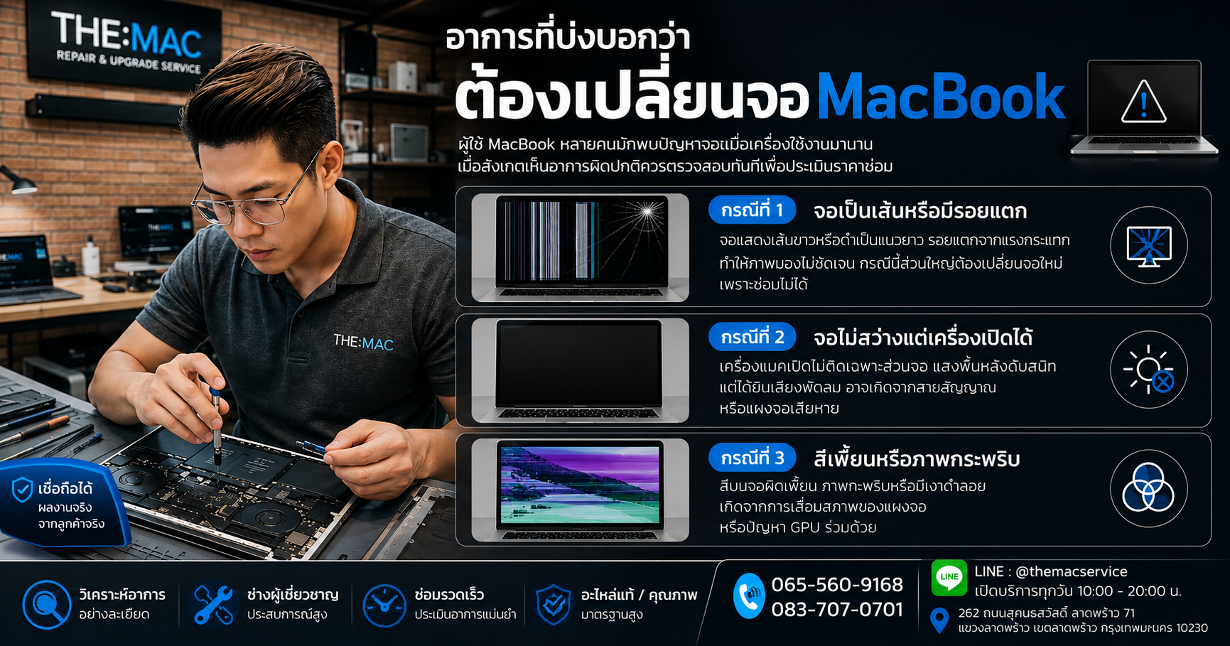เปลี่ยนจอ MacBook ราคาเท่าไหร่ 2569 วิเคราะห์อาการและวิธีแก้